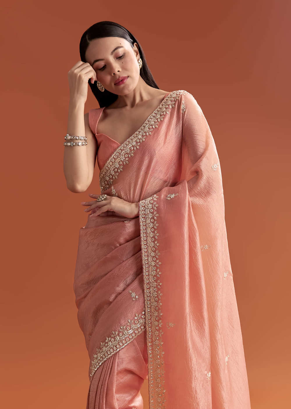 Rust Tissue Saree With Butti And Border Embroidery