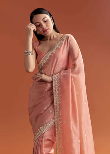 Rust Tissue Saree With Butti And Border Embroidery
