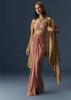 Rusty Pink Embroidered Blouse And Draped Skirt Set With Embellished Cape