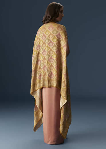 Rusty Pink Embroidered Blouse And Draped Skirt Set With Embellished Cape