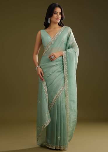 Sage Blue Crush Tissue Stone And Sequin Embroidered Saree With Scallop Border