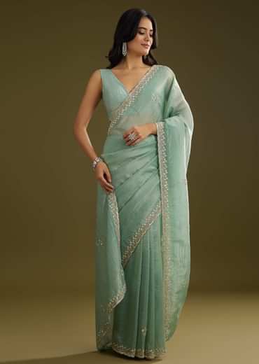 Sage Blue Crush Tissue Stone And Sequin Embroidered Saree With Scallop Border