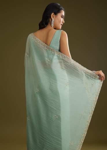 Sage Blue Crush Tissue Stone And Sequin Embroidered Saree With Scallop Border
