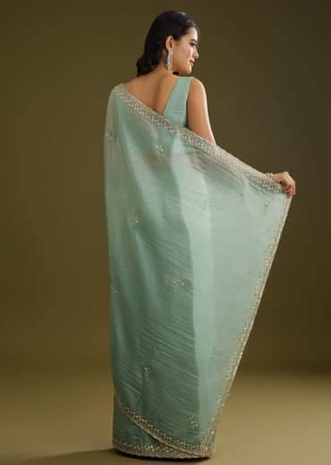 Sage Blue Crush Tissue Stone And Sequin Embroidered Saree With Scallop Border