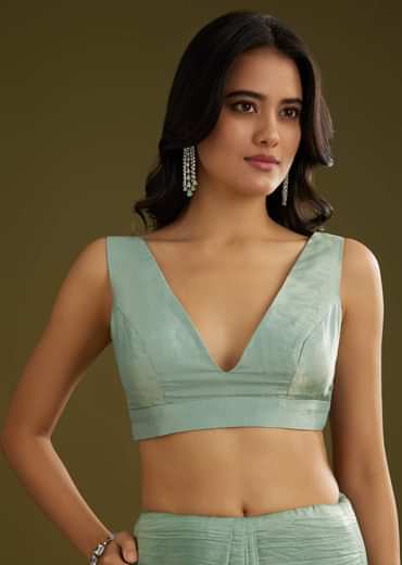 Sage Blue Crush Tissue Stone And Sequin Embroidered Saree With Scallop Border