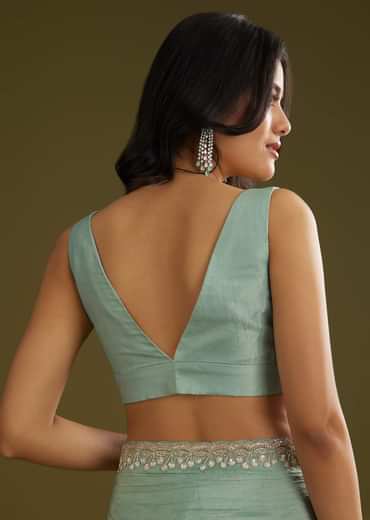 Sage Blue Crush Tissue Stone And Sequin Embroidered Saree With Scallop Border