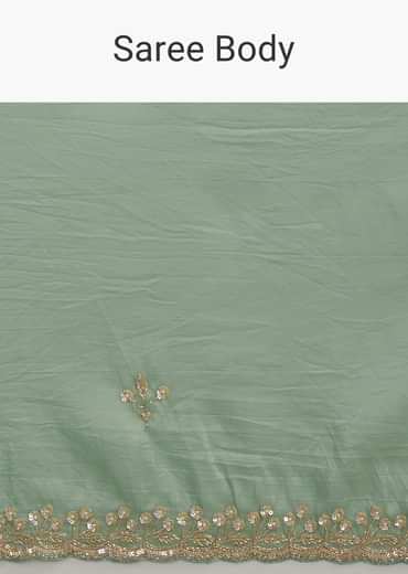 Sage Blue Crush Tissue Stone And Sequin Embroidered Saree With Scallop Border