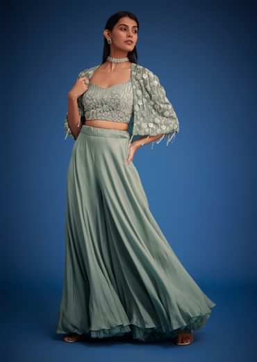Sage Green Georgette Embroidered Cape Palazzo Set