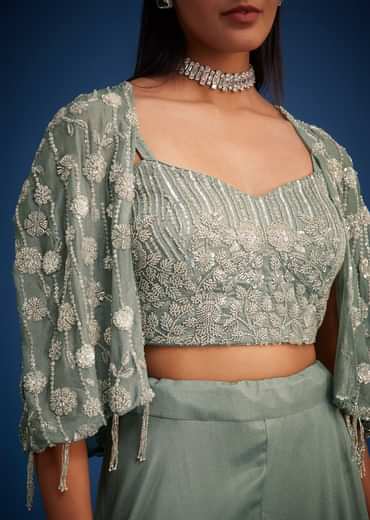 Sage Green Georgette Embroidered Cape Palazzo Set