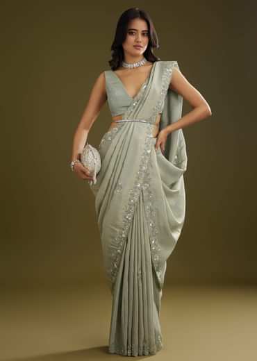 Sage Green Tissue Floral Embroidered Saree With Cutdana And Sequin Work