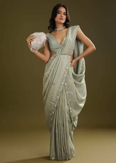 Sage Green Tissue Floral Embroidered Saree With Cutdana And Sequin Work