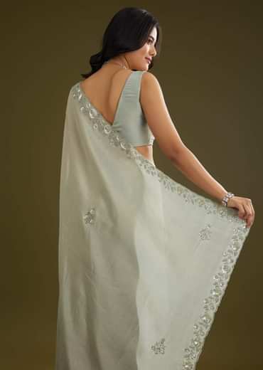 Sage Green Tissue Floral Embroidered Saree With Cutdana And Sequin Work