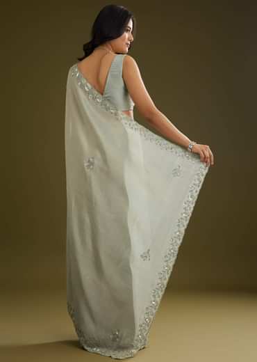 Sage Green Tissue Floral Embroidered Saree With Cutdana And Sequin Work