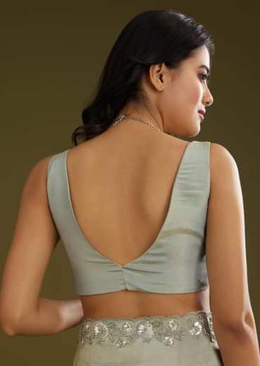 Sage Green Tissue Floral Embroidered Saree With Cutdana And Sequin Work