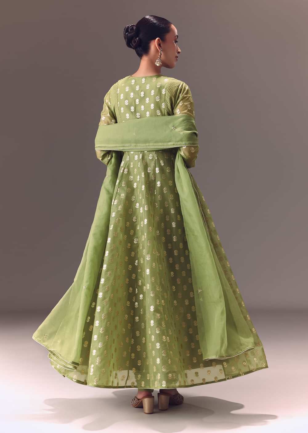 Sage Green Anarkali With Dupatta And Churidar