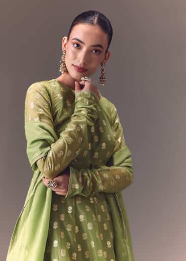 Sage Green Anarkali With Dupatta And Churidar