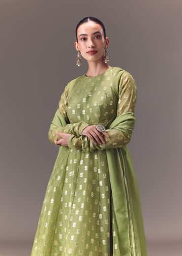Sage Green Anarkali With Dupatta And Churidar