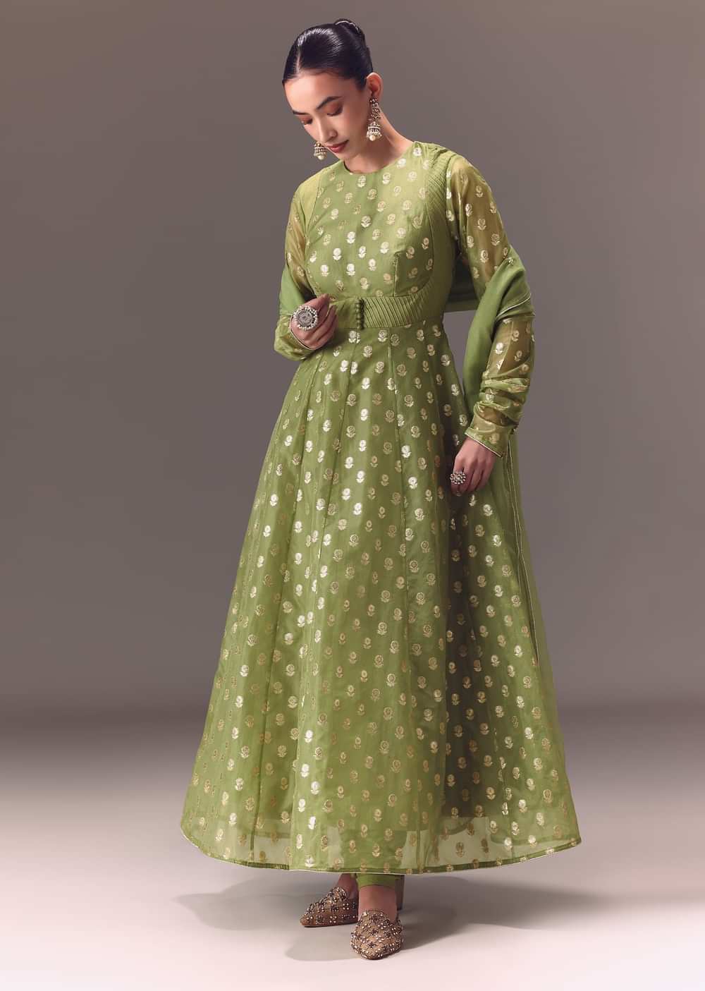 Sage Green Anarkali With Dupatta And Churidar