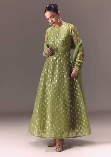 Sage Green Anarkali With Dupatta And Churidar