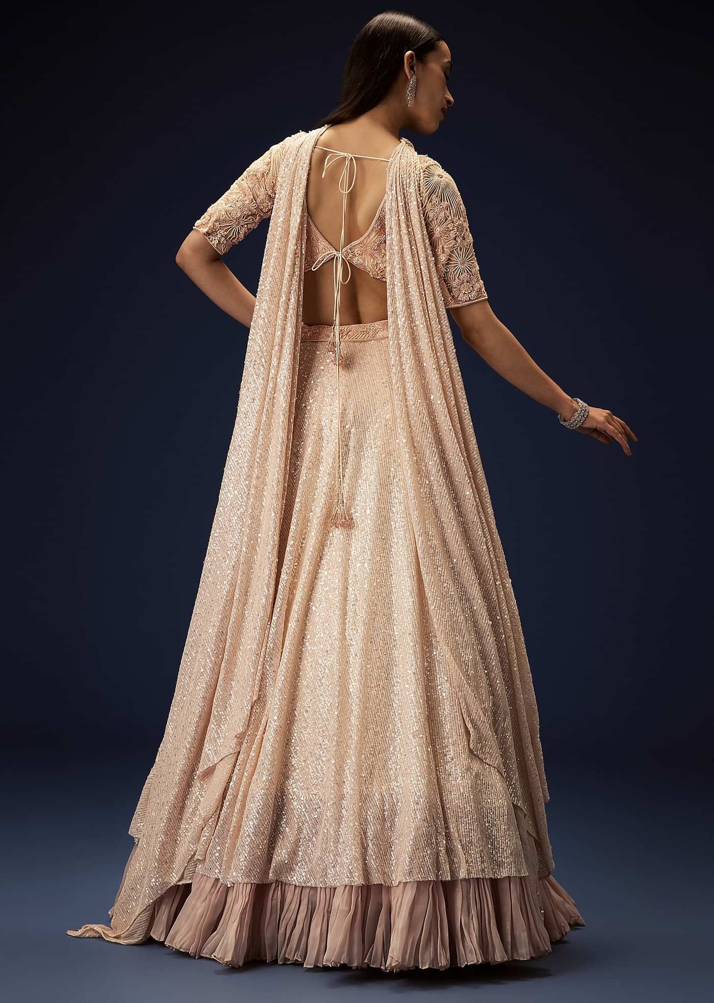 Salmon Peach Hand Embroidered Double Layer Sequence Lehenga With Frill