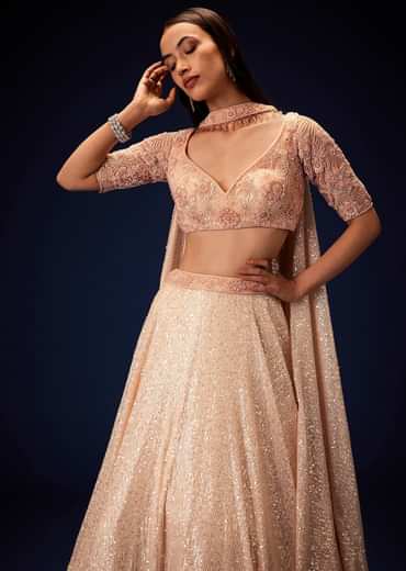 Salmon Peach Hand Embroidered Double Layer Sequence Lehenga With Frill