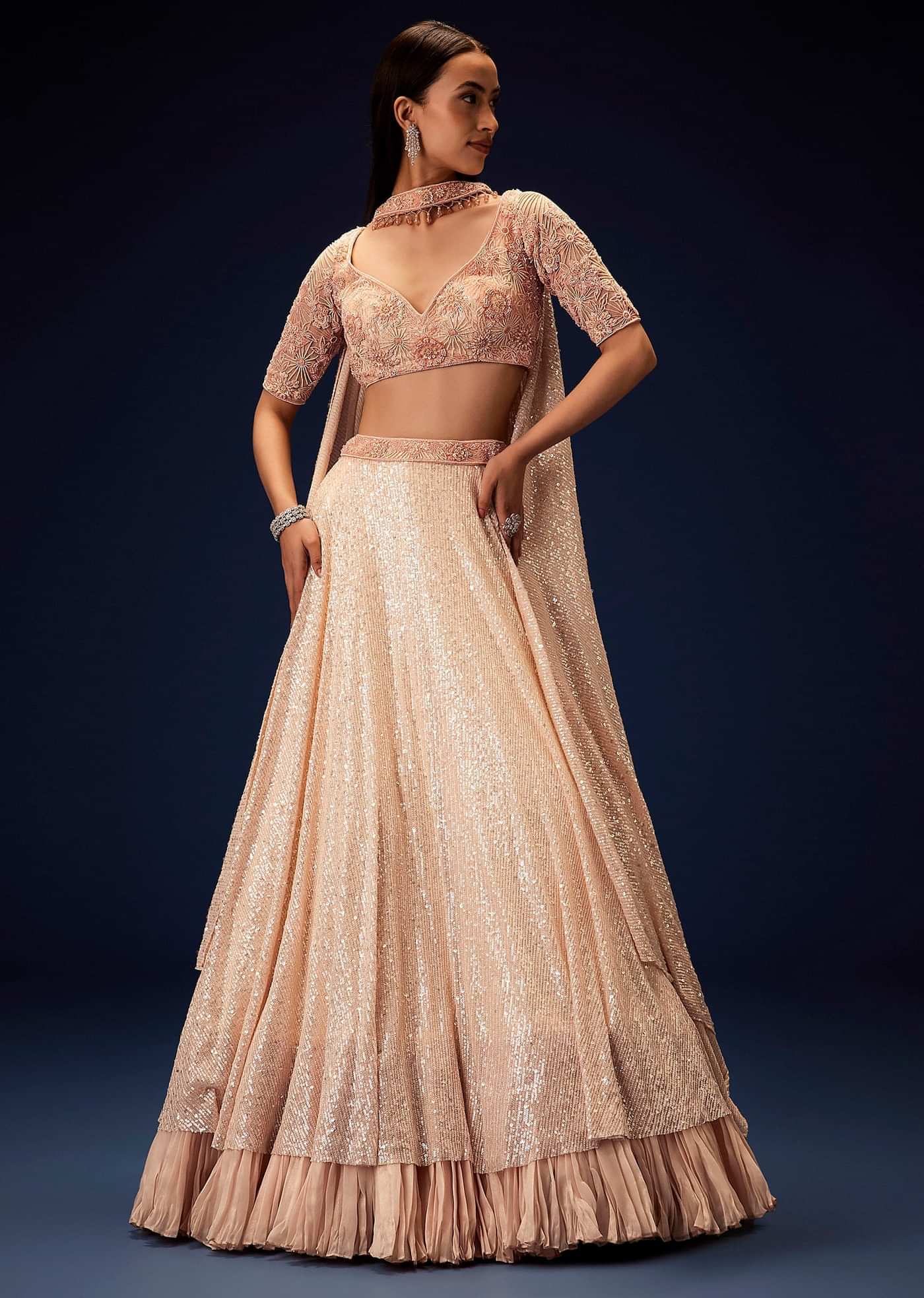 Salmon Peach Hand Embroidered Double Layer Sequence Lehenga With Frill