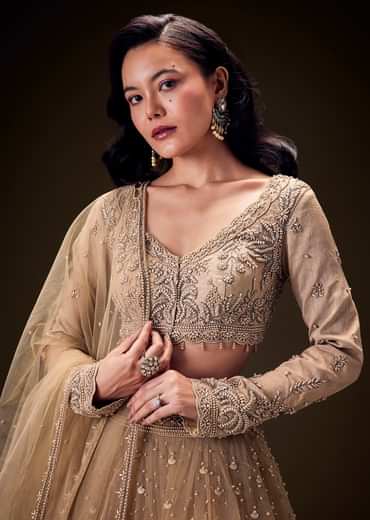 Sand Beige Net Hand Embroidered Pearl Work Lehenga Set