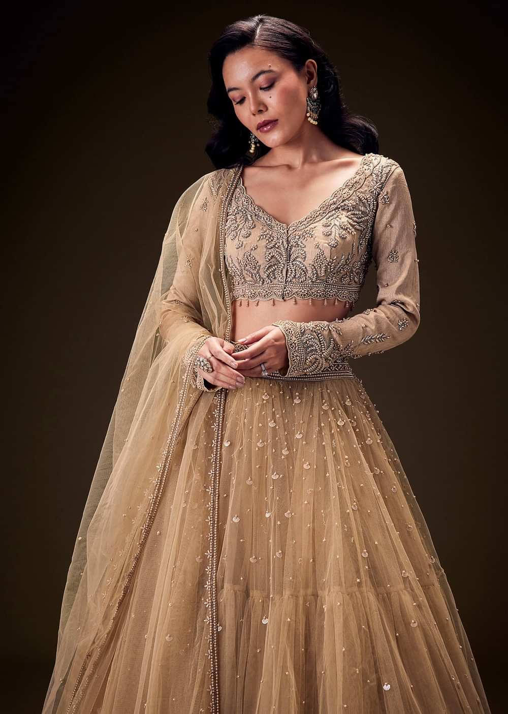 Sand Beige Net Hand Embroidered Pearl Work Lehenga Set