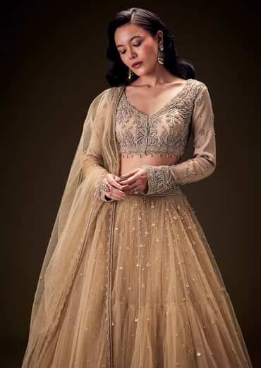 Sand Beige Net Hand Embroidered Pearl Work Lehenga Set