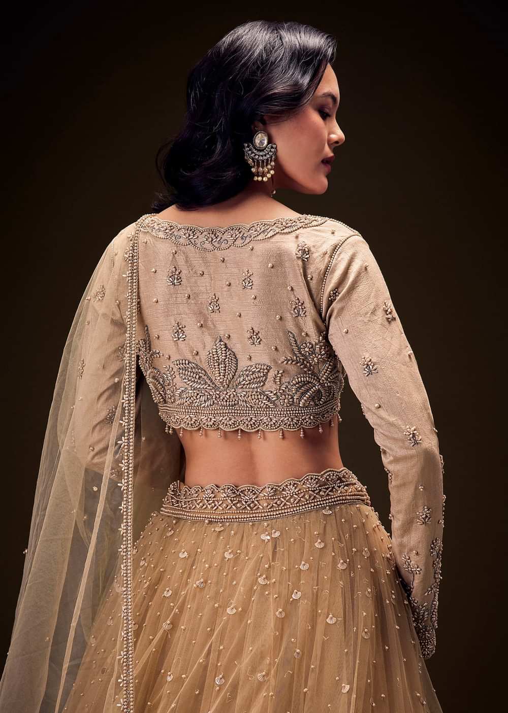 Sand Beige Net Hand Embroidered Pearl Work Lehenga Set