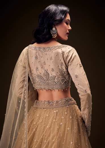 Sand Beige Net Hand Embroidered Pearl Work Lehenga Set