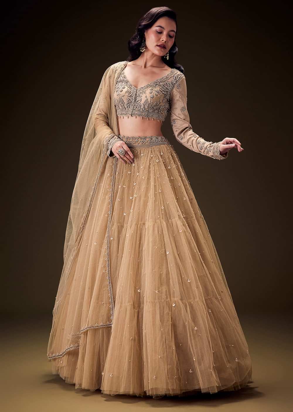 Sand Beige Net Hand Embroidered Pearl Work Lehenga Set