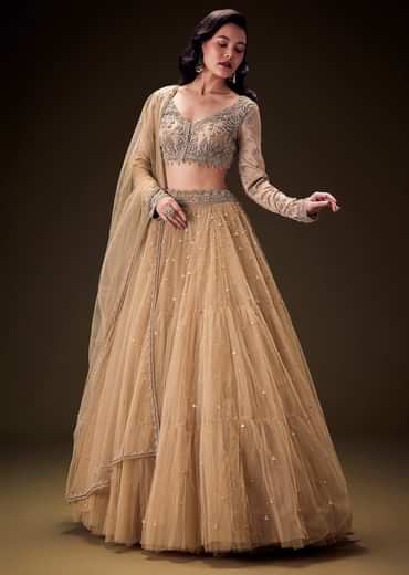 Sand Beige Net Hand Embroidered Pearl Work Lehenga Set