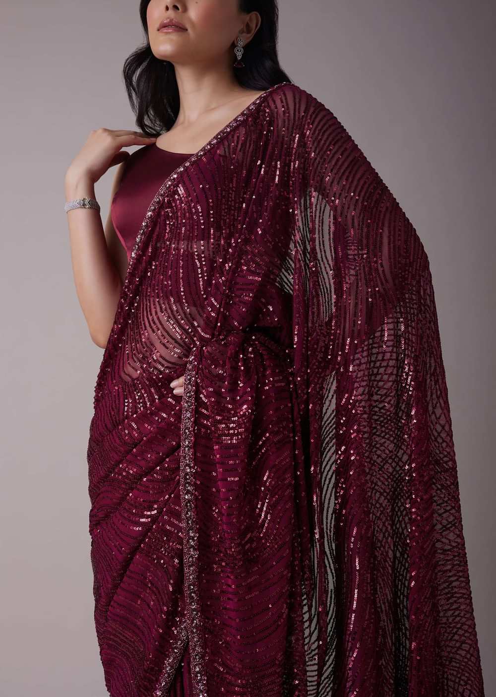 Mulberry Purple Sequins Saree With An Embellished Border
