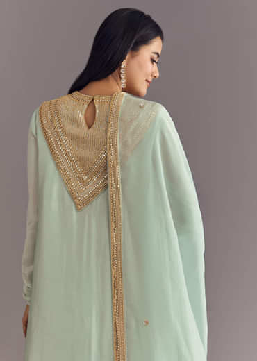 Satin Asymmetrical Kurta Set With Moti And Sequins Dupatta