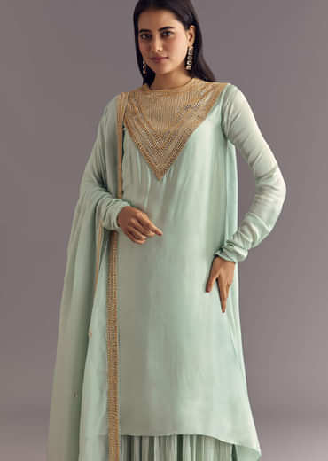 Satin Asymmetrical Kurta Set With Moti And Sequins Dupatta