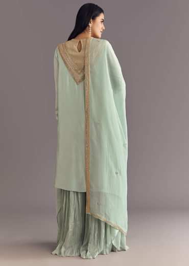 Satin Asymmetrical Kurta Set With Moti And Sequins Dupatta