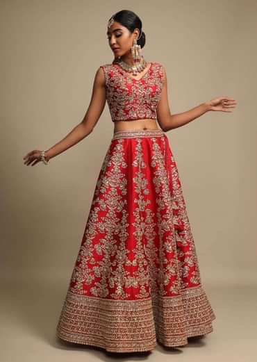 Scarlet Red Lehenga Choli In Raw Silk With Zari Embroidered Feminine Floral Kalis