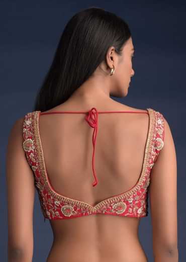Scarlet Red Sleeveless Blouse In Raw Silk With Floral Jaal And Intricate Cut Dana Work