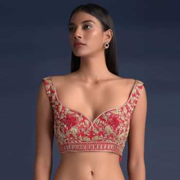 Scarlet Red Blouse In Raw Silk With Floral Jaal Embroidery