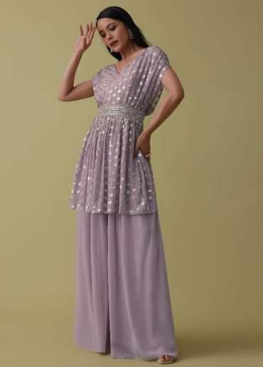 Lavender Purple Palazzo Top Set In Georgette With Sequins Work