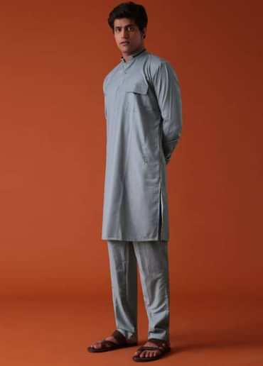 Silver Grey Pathani Kurta Set In Terry Rayon WIth Threadwork