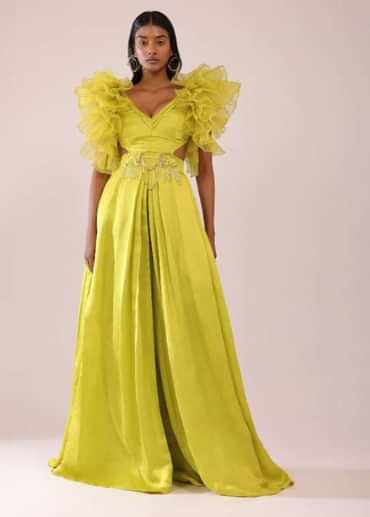 Sheen Green Jumpsuit With Ruffle Sleeves In Viscos Linen And Satin