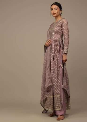 Onion Pink Embroidered Palazzo Suit Set In Banarasi Brocade Silk
