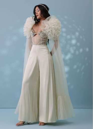 Pearl White Satin Indowestern Embroidered Jumpsuit With Net Shrug
