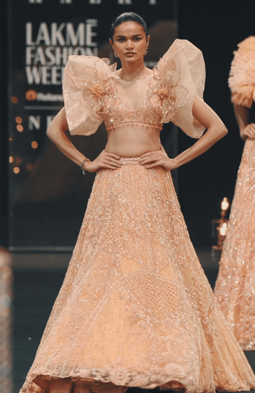 Peach Zardosi Lehenga With Dramatic Net Sleeves Blouse