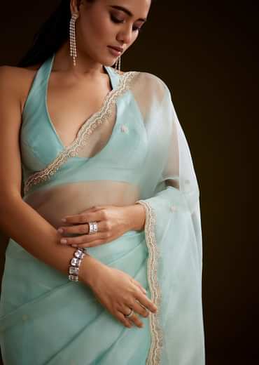 Sea Green Crush Tissue Saree With Stone And Moti Embroidery And Scallop Border