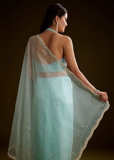 Sea Green Crush Tissue Saree With Stone And Moti Embroidery And Scallop Border