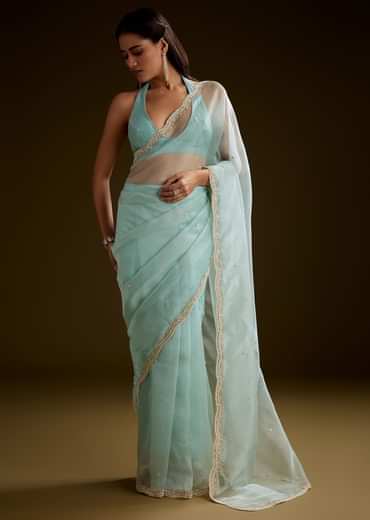 Sea Green Crush Tissue Saree With Stone And Moti Embroidery And Scallop Border