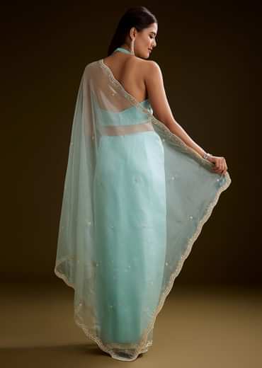 Sea Green Crush Tissue Saree With Stone And Moti Embroidery And Scallop Border